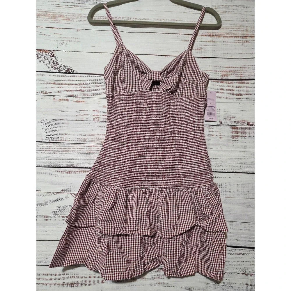 Wild Fable Maroon Gingham Smocked Tie Front Ruffle Mini Dress Small NWT